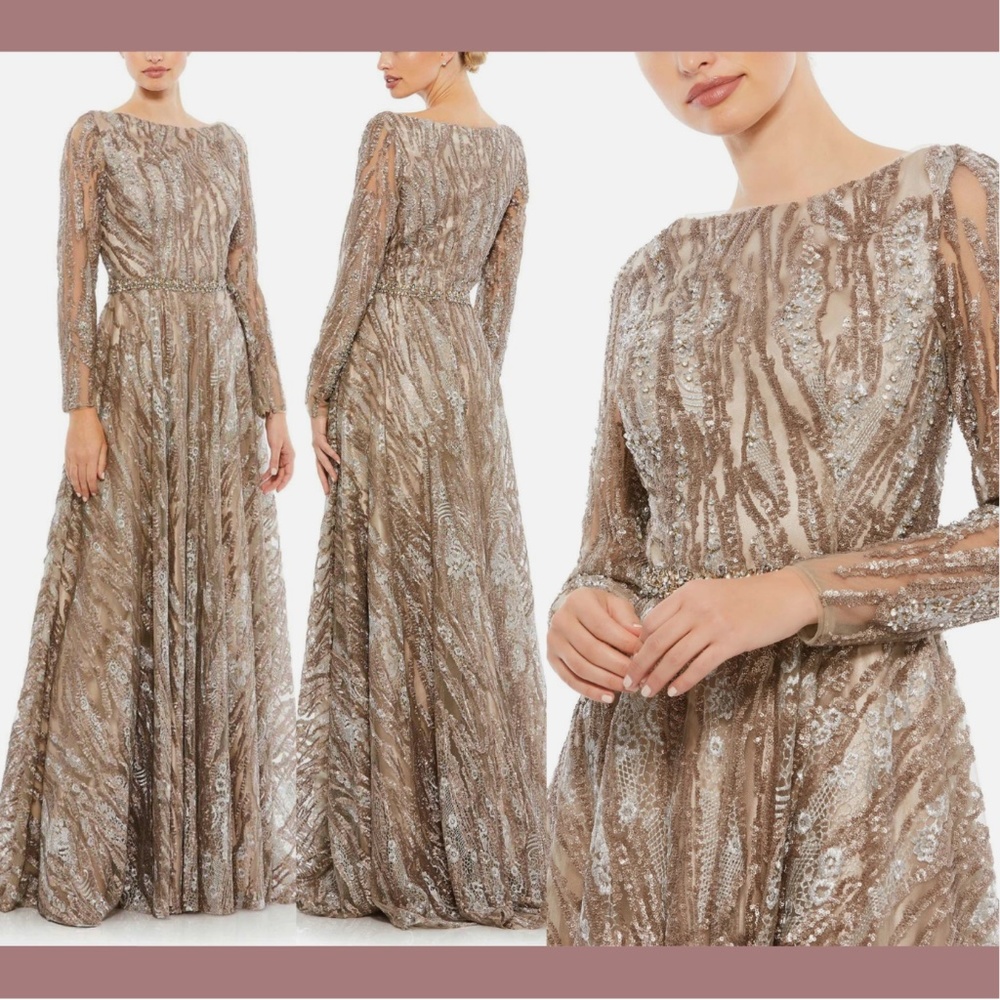 NWT $798 Mac Duggal [ 6 ] Sequin‎ Long Sleeve Bateau A-Line Gown Mocha